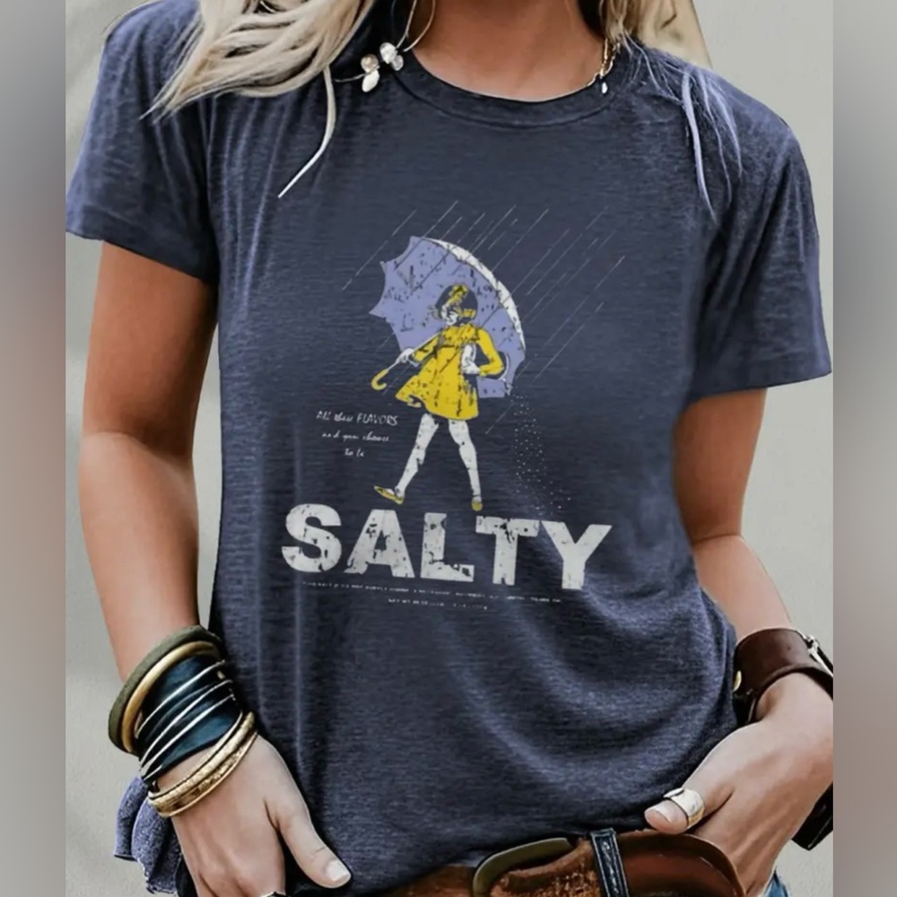 Blue Salty Graphic Tee with Yellow and White Design. Ladies Cotton,Poly,Spandex - Picture 3 of 9